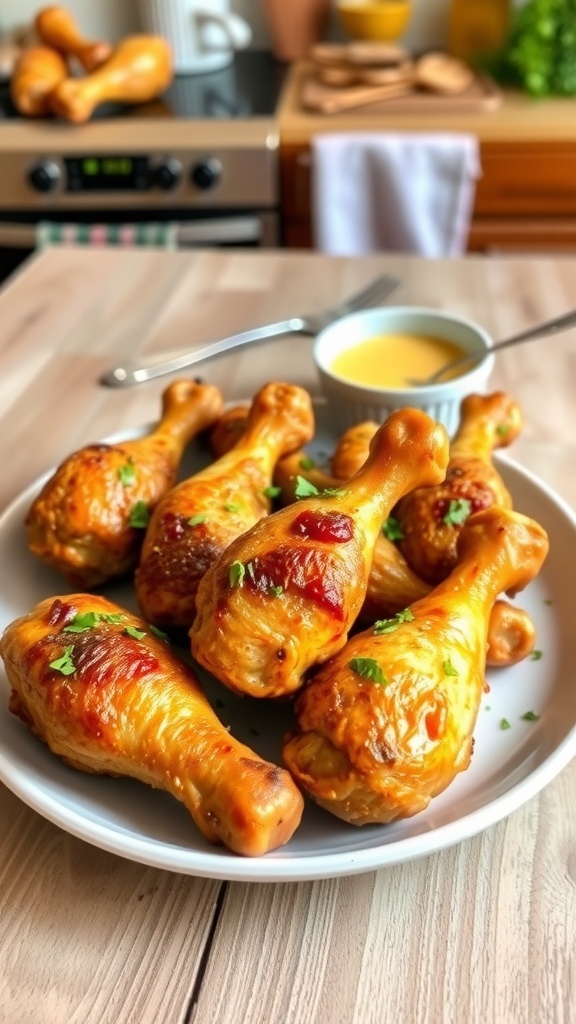 Crispy baked chicken drumsticks on a plate with herbs and dipping sauce.